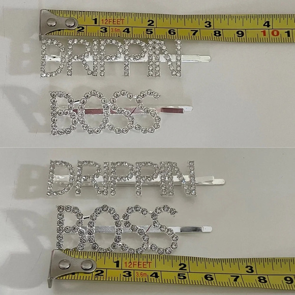 Crystal Rhinestone Studded Metal Hair Pin Accessories “DRIPPIN” & “BOSS” Set - Picture 4 of 11